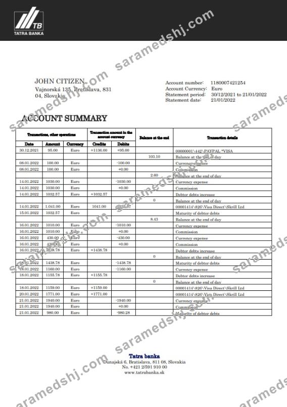Slovakia Tatra bank statement